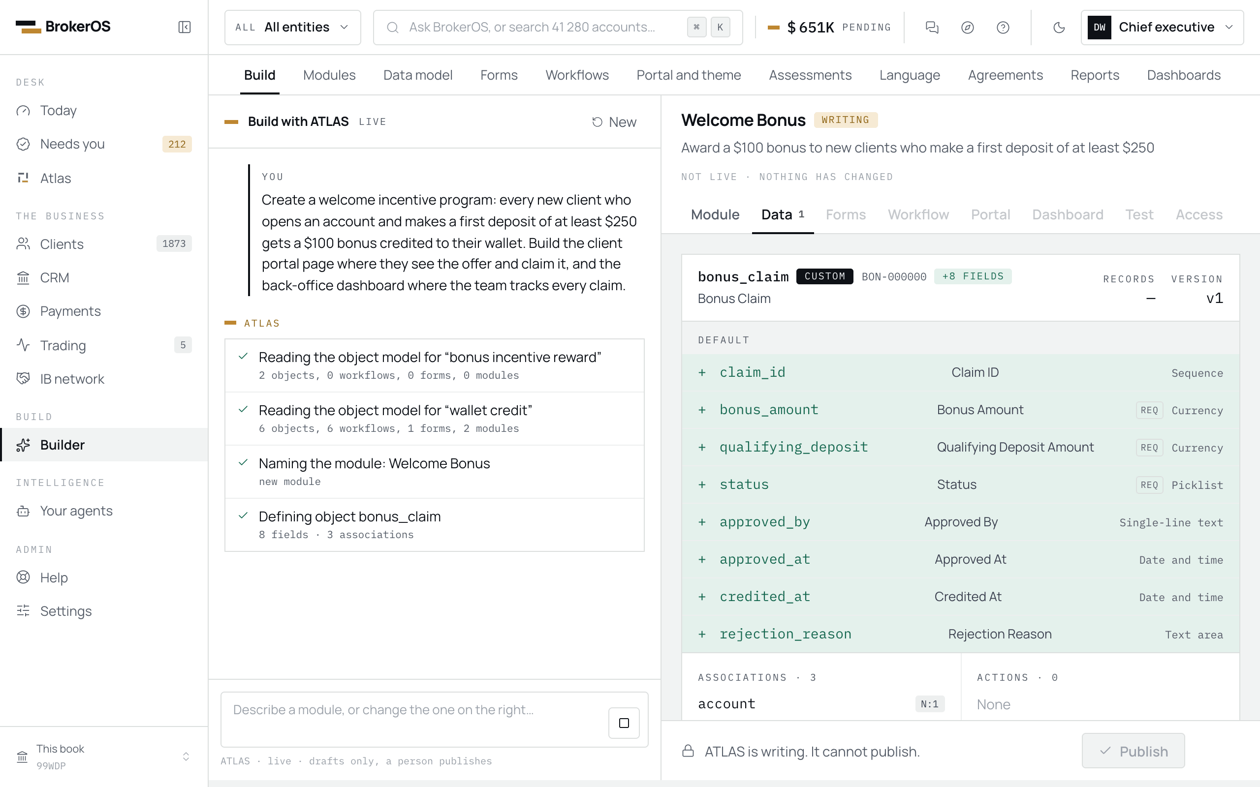 The BrokerOS builder writing a bonus claim object with eight fields from a one sentence request
